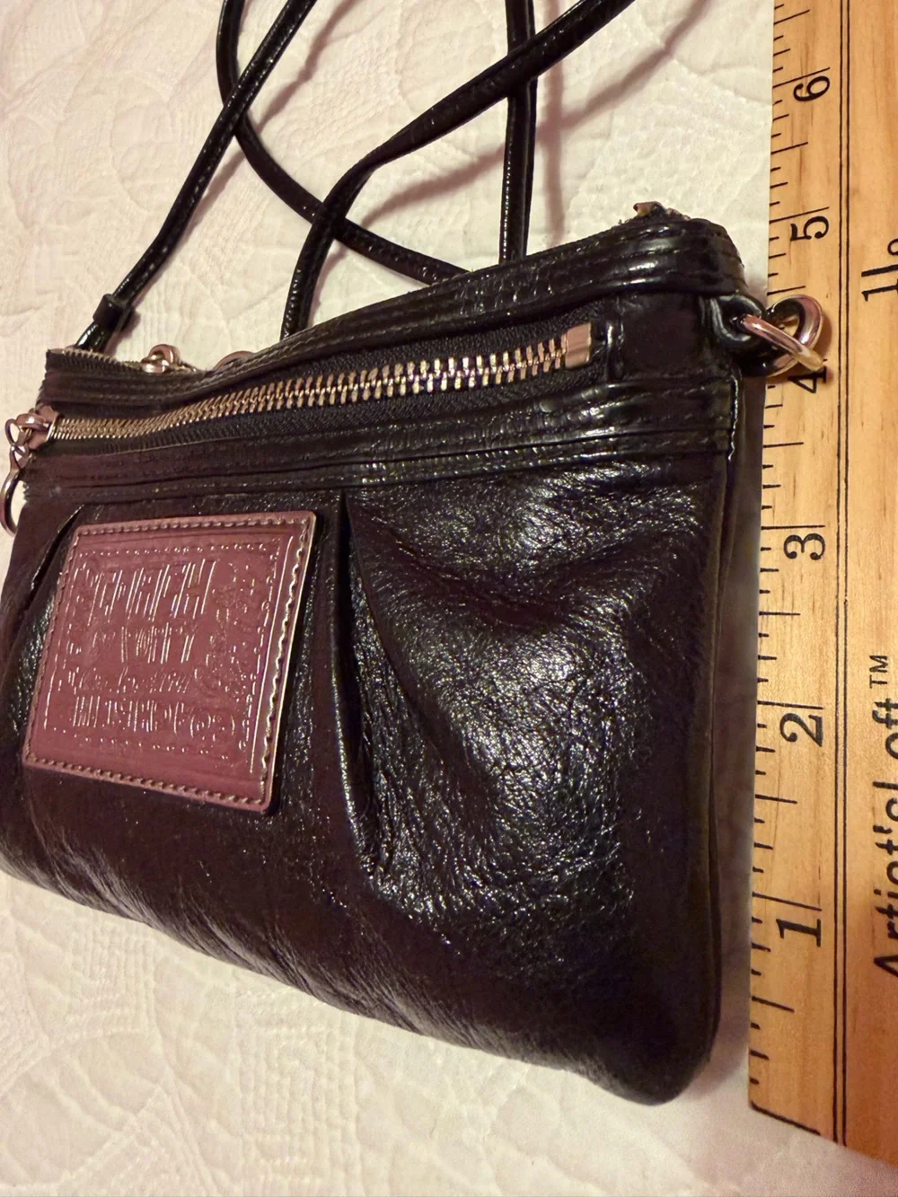 Coach Poppy Black Patent Leather Crossbody with Silver Plaque